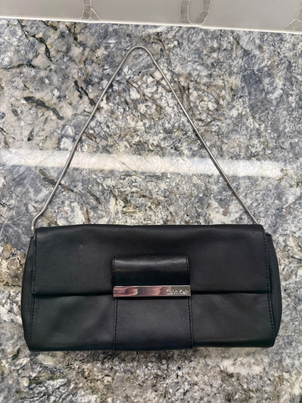 Calvin Klein Black Leather Clutch with Silver Chain Strap